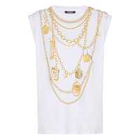 Topuri White Sleeveless Top With Maxi Necklace Print On Front And Rear In Cotton Woman Femei