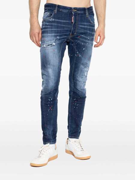 Blugi DSQUARED2 Tidy Biker Blue Jeans With Paint Embellishments And Logo Patch On The Rear In Denim Man BLUE Barbati (BM 18233403) 3