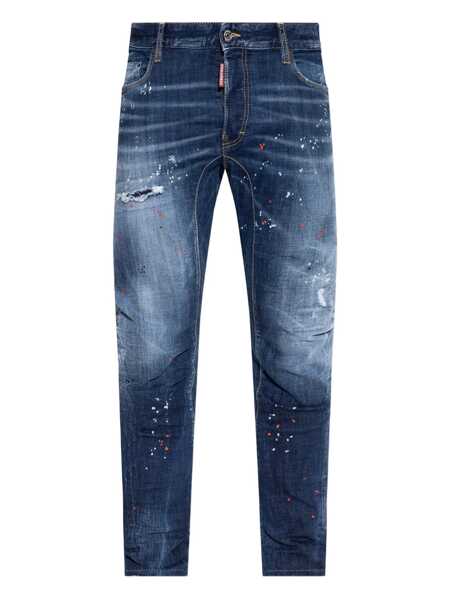 Blugi DSQUARED2 Tidy Biker Blue Jeans With Paint Embellishments And Logo Patch On The Rear In Denim Man BLUE Barbati (BM 18233403) 1