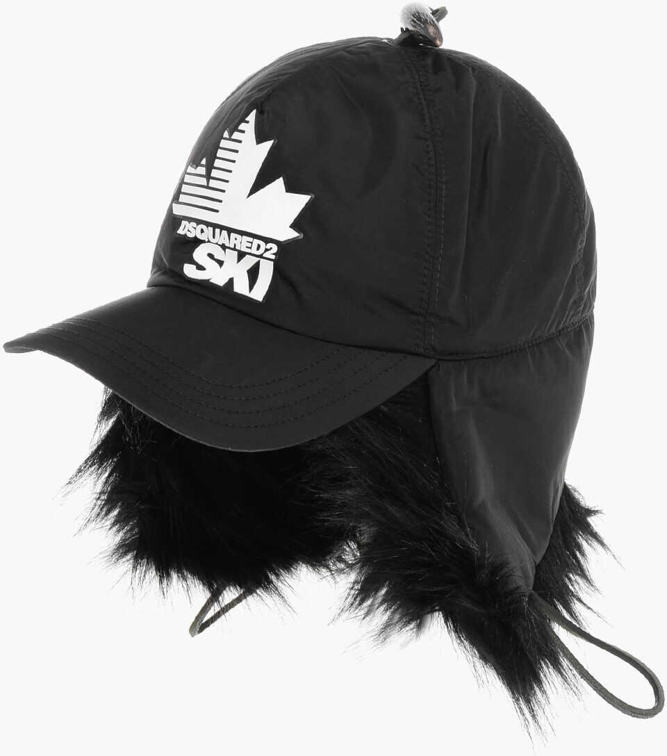 Caciuli DSQUARED2 Ski Solid Color Cap With Contrasting Logo And Faux Fur Detai Black Barbati (BM 18234166) 3