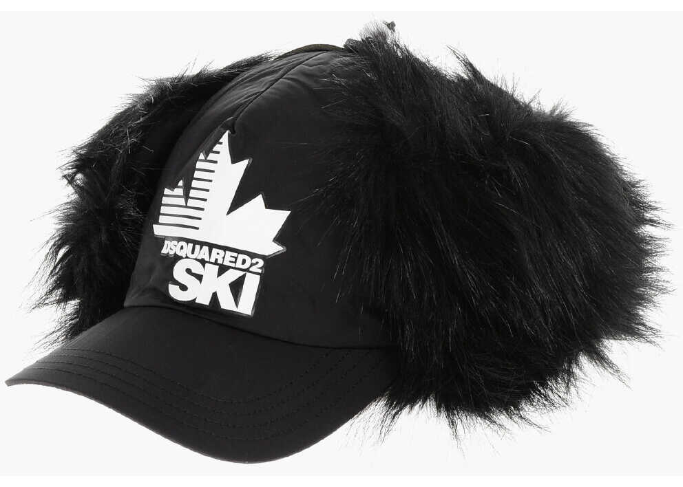 Caciuli DSQUARED2 Ski Solid Color Cap With Contrasting Logo And Faux Fur Detai Black Barbati (BM 18234166) 1