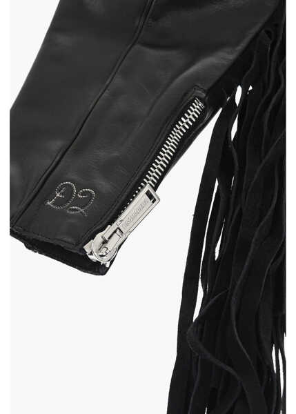 Manusi DSQUARED2 Leather Muffs With Fringes And Zip Black Femei (BM 18234397) 2