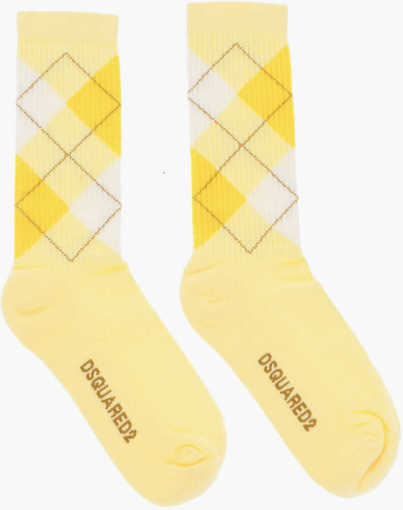Sosete DSQUARED2 Argyle Motif Ribbed Long Socks Yellow Barbati (BM 18234607) 3