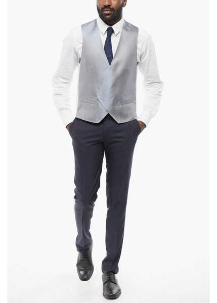 Veste costum CORNELIANI Embroidered Silk Double Breasted Vest With Jetted Pockets Light Blue Barbati (BM 18263410) 4