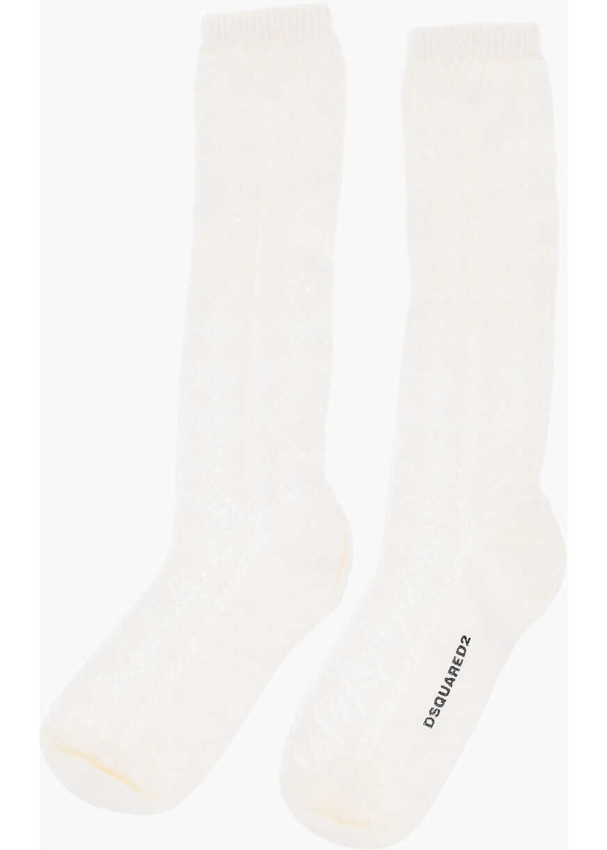 Sosete DSQUARED2 Solid Color Long Socks With Perforated Details White Barbati (BM 18263419) 3