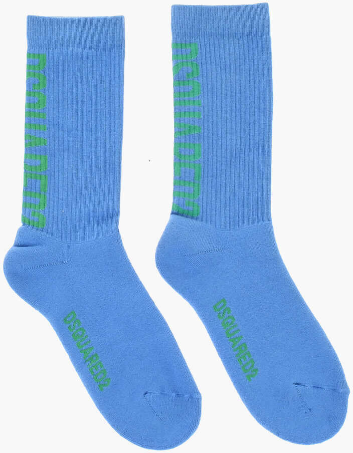 Sosete DSQUARED2 Ribbed Cotton Blend Mid Crew Socks Blue Barbati (BM 18263440) 1