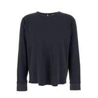 Topuri Black Crewneck T-Shirt With Long Sleeves And Fringed Hem In Cotton Man Barbati
