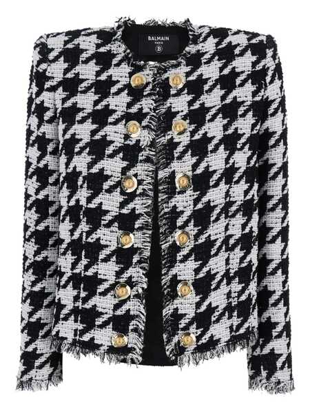 Geci Balmain Spencer Black And White Jacket With All-Over Check Motif And Fringed Hem In Cotton Blend Woman Multicolor Femei (BM 18276525) 1