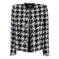 Geci Balmain 'Spencer' Black And White Jacket With All-Over Check Motif And Fringed Hem In Cotton Blend Woman