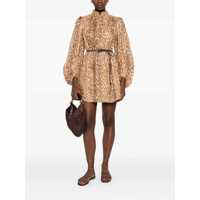 Rochii 'Cascadian' Beige Tunic Dress With Stand-Up Collar And All-Over Leopard Print In Linen Woman Femei