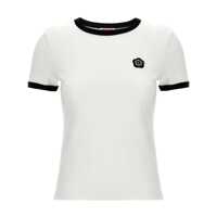 Tricouri White Crewneck T-Shirt With Logo Patch On The Front And Contrasting Details In Cotton Stretch Woman Femei