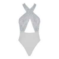 Costume de baie White High Cut One-Piece With Crossed Neckline And Beaded Embellishments In Tech Fabric Stretch Woman Femei