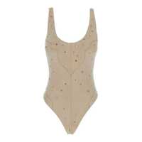Costume de baie Beige High Cut One-Piece With Round Neck And All-Over Beaded Embellishments In Tech Fabric Stretch Woman Femei