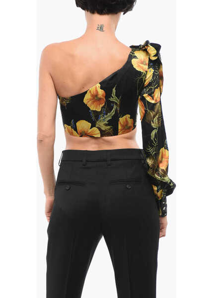 Bluze Philipp Plein Couture Floral Patterned Silk One-Shoulder Crop Top With Bow Black Femei (BM 18305767) 2