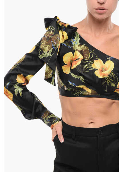 Bluze Philipp Plein Couture Floral Patterned Silk One-Shoulder Crop Top With Bow Black Femei (BM 18305767) 3