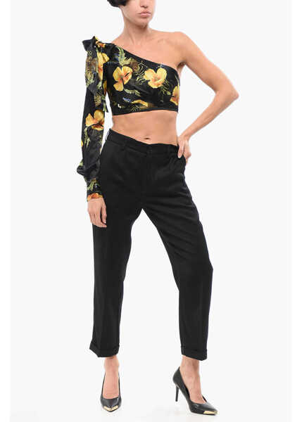 Bluze Philipp Plein Couture Floral Patterned Silk One-Shoulder Crop Top With Bow Black Femei (BM 18305767) 4