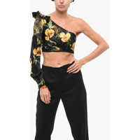 Bluze Couture Floral Patterned Silk One-Shoulder Crop Top With Bow Femei