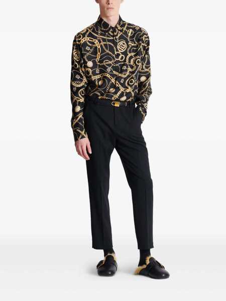Camasi Balmain Black Shirt With Pointed Collar And Chain Print With Logo In Silk Man Black Barbati (BM 18323712) 2
