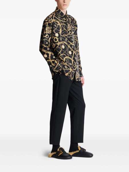 Camasi Balmain Black Shirt With Pointed Collar And Chain Print With Logo In Silk Man Black Barbati (BM 18323712) 3