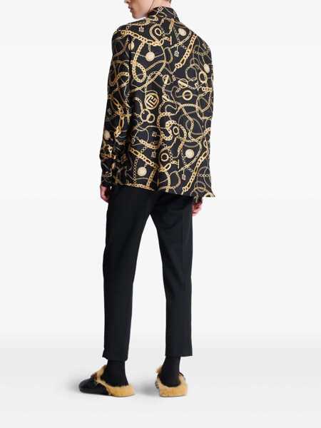 Camasi Balmain Black Shirt With Pointed Collar And Chain Print With Logo In Silk Man Black Barbati (BM 18323712) 4