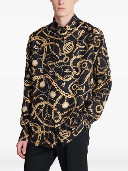 Camasi Balmain Black Shirt With Pointed Collar And Chain Print With Logo In Silk Man Black Barbati (BM 18323712) 5