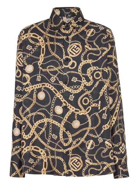 Camasi Balmain Black Shirt With Pointed Collar And Chain Print With Logo In Silk Man Black Barbati (BM 18323712) 1
