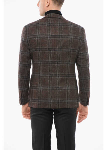 Sacouri CORNELIANI Checkered Motif Silk Blend Single Breasted Blazer With Patch Brown Barbati (BM 18351076) 2