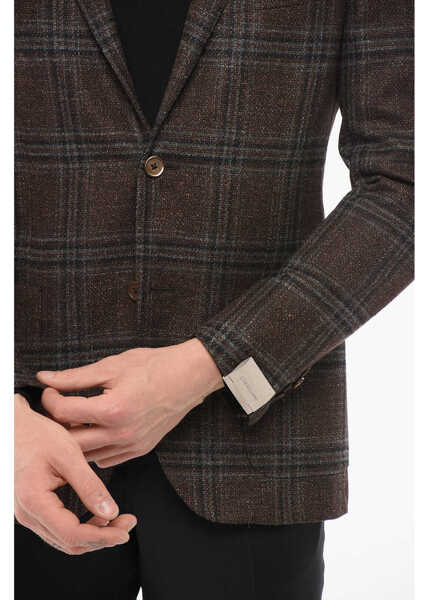 Sacouri CORNELIANI Checkered Motif Silk Blend Single Breasted Blazer With Patch Brown Barbati (BM 18351076) 3