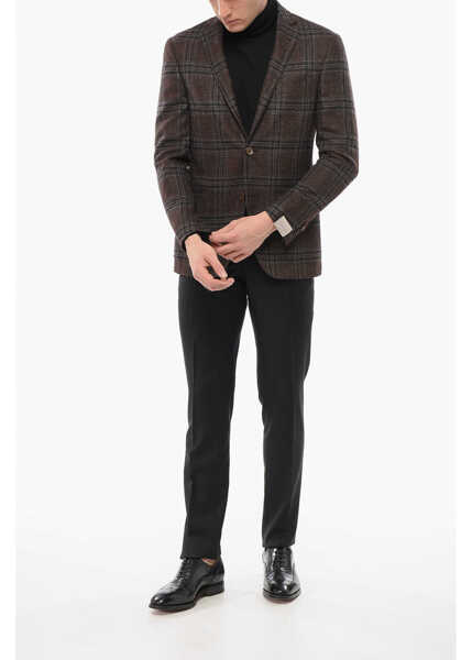 Sacouri CORNELIANI Checkered Motif Silk Blend Single Breasted Blazer With Patch Brown Barbati (BM 18351076) 4