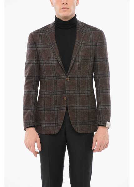 Sacouri CORNELIANI Checkered Motif Silk Blend Single Breasted Blazer With Patch Brown Barbati (BM 18351076) 1