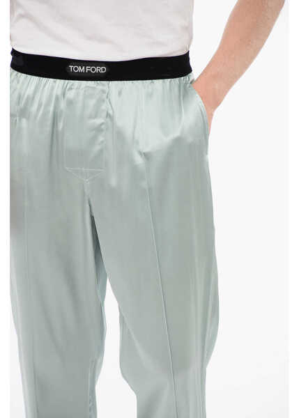 Pijamale Tom Ford Silk Satin Pijama Pants With Velour Detail Light Blue Barbati (BM 18351079) 3