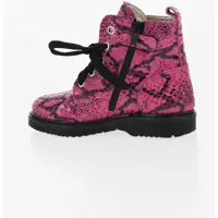 Cizme de iarna pentru Baieti - Cizme de iarna Monnalisa Python Effect Leather Combat Boots With Side Zip Pink Baieti (BM 18351460) - B-mall.ro