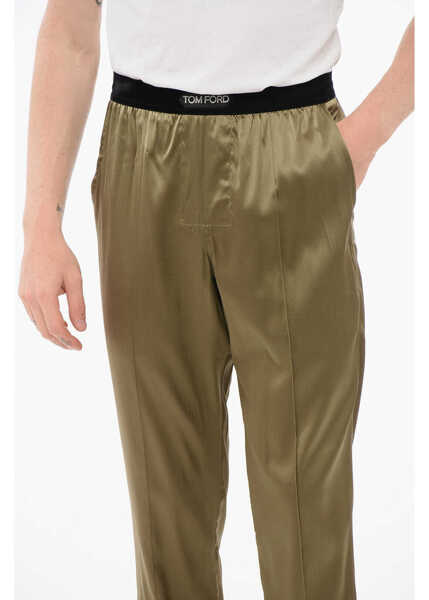 Pijamale Tom Ford Silk Satin Pijama Pants With Velour Detail Military Green Barbati (BM 18351781) 3