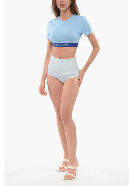 Bluze DSQUARED2 Underwear Short-Sleeved Crop Top With Logoed Waistband Light Blue Femei (BM 18358141) 4