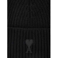 Accesorii AMI Paris pentru Barbati - Caciuli AMI Paris Black Ribbed Knit Beanie With Logo Embroidery On The Front In Wool Man Black Barbati (BM 18364032) - B-mall.ro