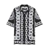 Camasi Black And White Bowling Shirt With Cuban Collar And All-Over Chain-Link Print In Silk Man Barbati