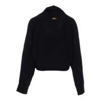 Pulovere Black Turtleneck Cropped Sweater With Logo Plaque On The Rear In Wool Woman Femei