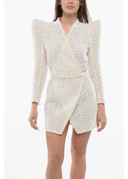 Rochii scurte Balmain Monogram Wrap Dress With Statement Shoulde Pads White Femei (BM 18401737) 4