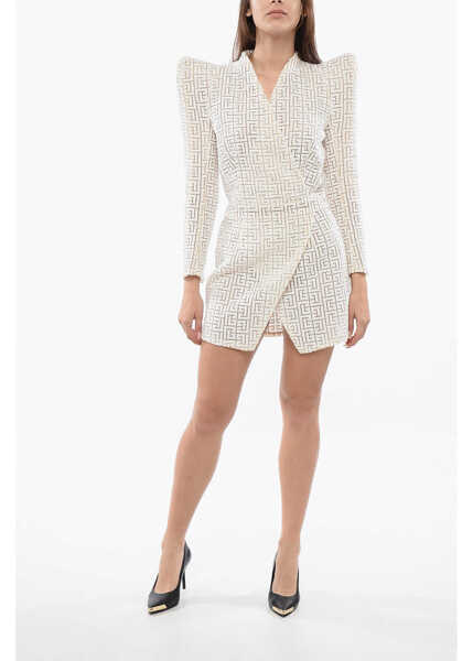 Rochii scurte Balmain Monogram Wrap Dress With Statement Shoulde Pads White Femei (BM 18401737) 1