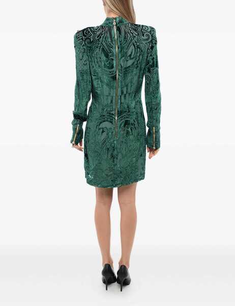Rochii scurte Balmain Long Sleeved Devore-Velvet Dress Green Femei (BM 18401764) 2