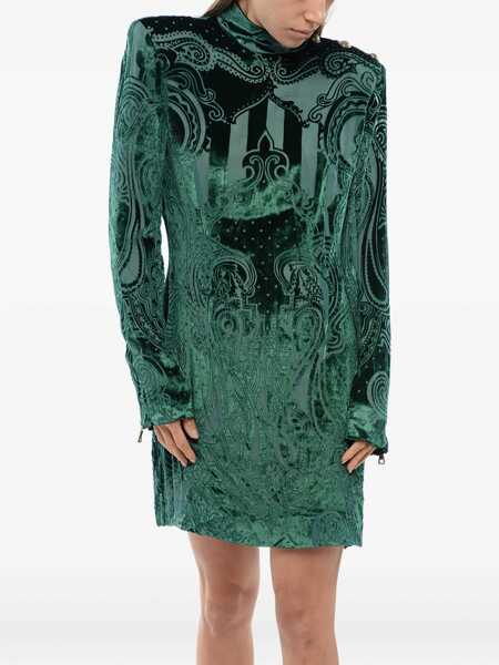 Rochii scurte Balmain Long Sleeved Devore-Velvet Dress Green Femei (BM 18401764) 3