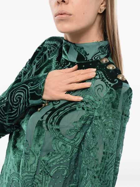 Rochii scurte Balmain Long Sleeved Devore-Velvet Dress Green Femei (BM 18401764) 4