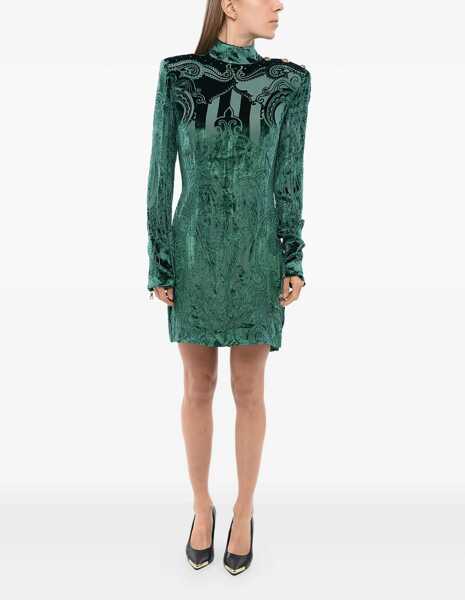 Rochii scurte Balmain Long Sleeved Devore-Velvet Dress Green Femei (BM 18401764) 1