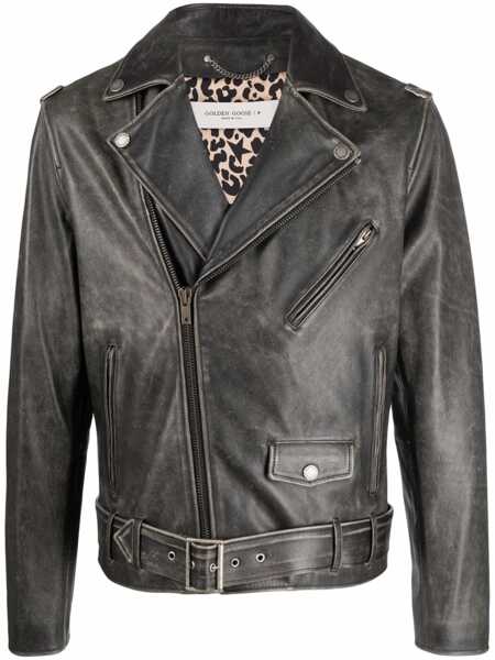 Geci biker Golden Goose Black Biker Jacket With Notched Revers And Leopard Lining In Leather Man Black Barbati (BM 18404745) 1