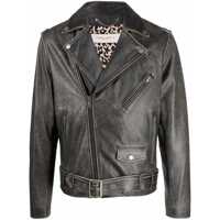Geci biker Black Biker Jacket With Notched Revers And Leopard Lining In Leather Man Barbati