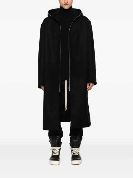 Paltoane Rick Owens Black Coat With Fixed Hood And Rear Single Vent In Wool Man Black Barbati (BM 18405780) 2