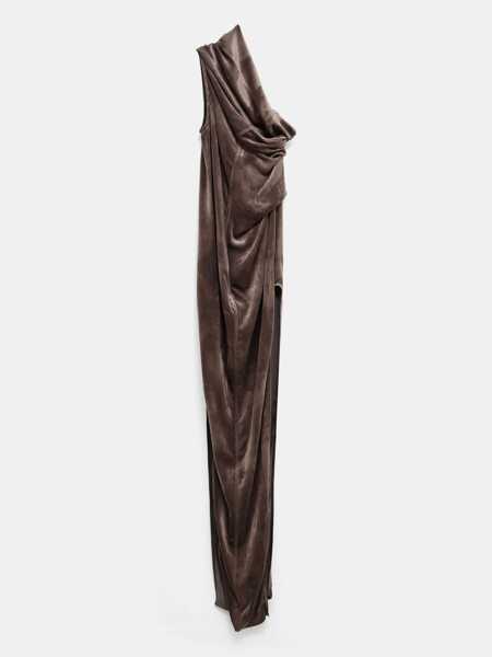 Rochii Rick Owens Athena Arrowhead Brown Asymmetric Long Dress With Ruched Neckline And Side Single Slit In Viscose Blend Woman BROWN Femei (BM 18427413) 2