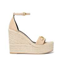 Pantofi cu toc Beige Wedges With Adjustable Buckle Closure And Medusa Plaque On The Front In Leather Woman Femei