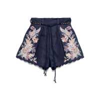 Pantaloni casual 'Rhiannon' Blue Shorts With Removable Belt And Floral Embroidery On The Side In Linen Woman Femei
