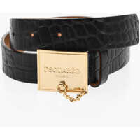 Curele DSQUARED2 Crocodile Effect Leather Belt With Golden Buckle 30Mm